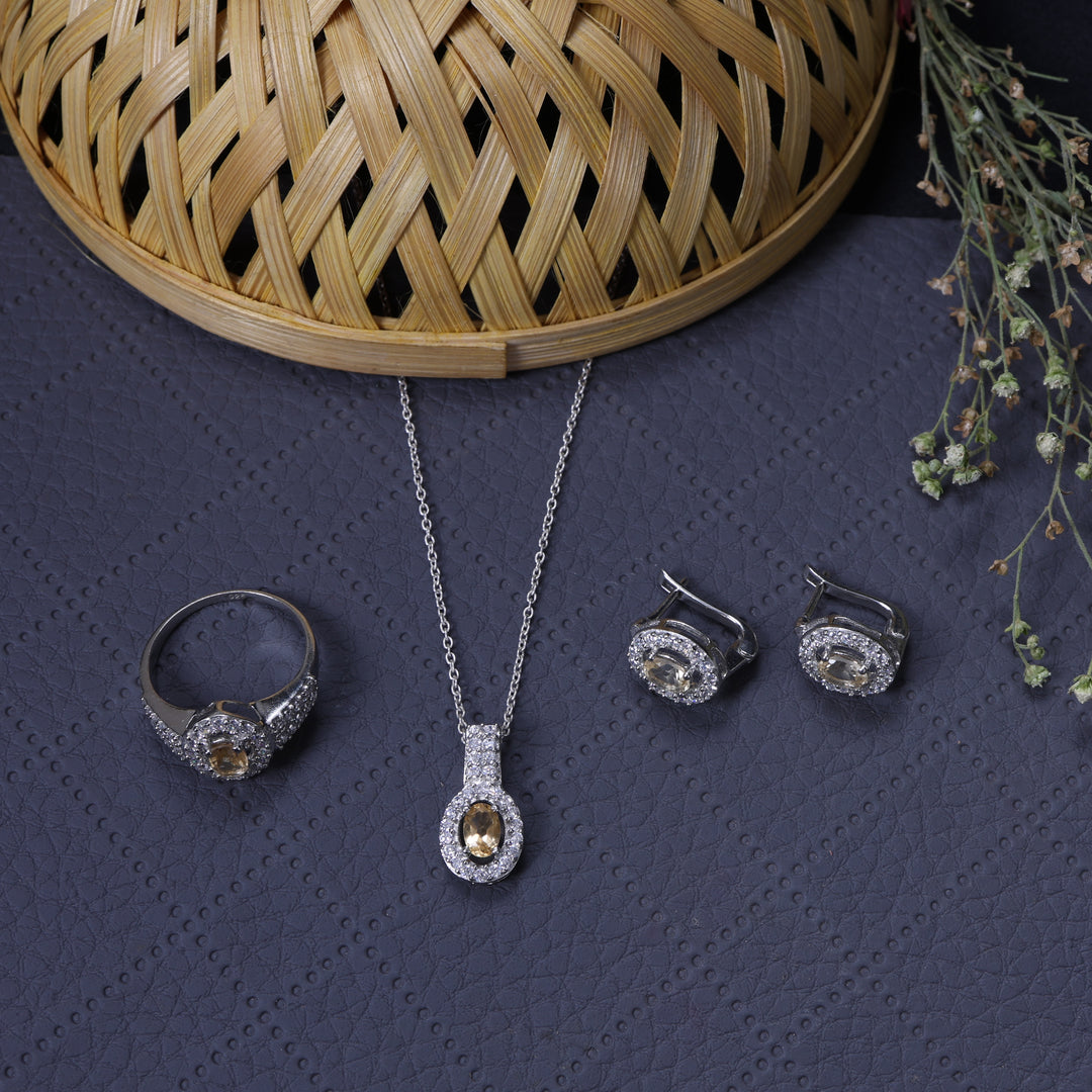 Silver Citrine Jewelry Set | Earrings, Pendant, Ring for Women