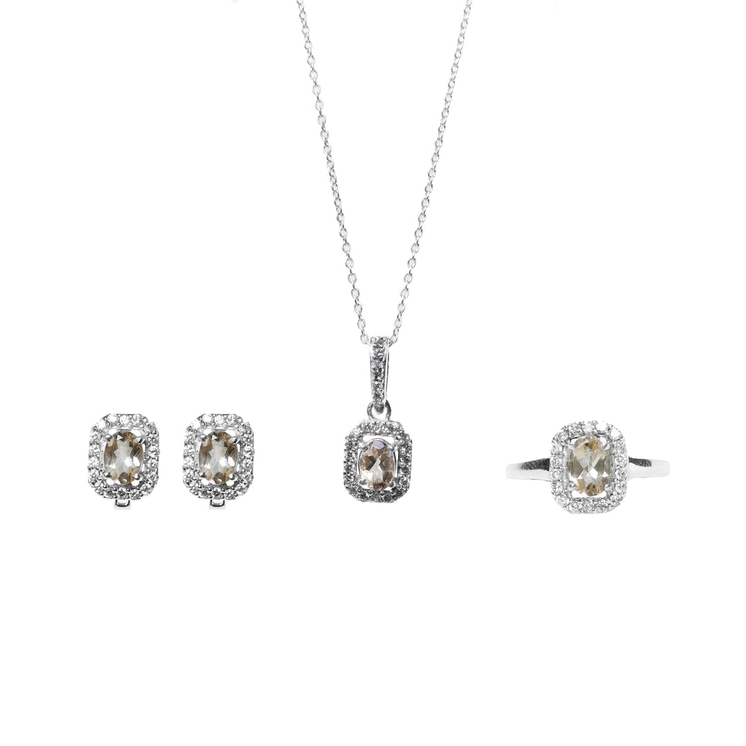 Silver Citrine Jewelry Set | Earrings, Necklace & Ring for Women
