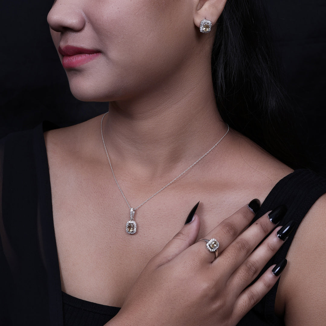 Silver Citrine Jewelry Set | Earrings, Necklace & Ring for Women