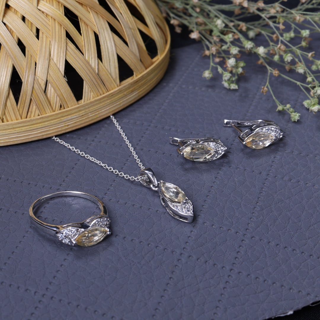Silver Citrine Jewelry Set: Earrings, Necklace, Ring | Gift Set