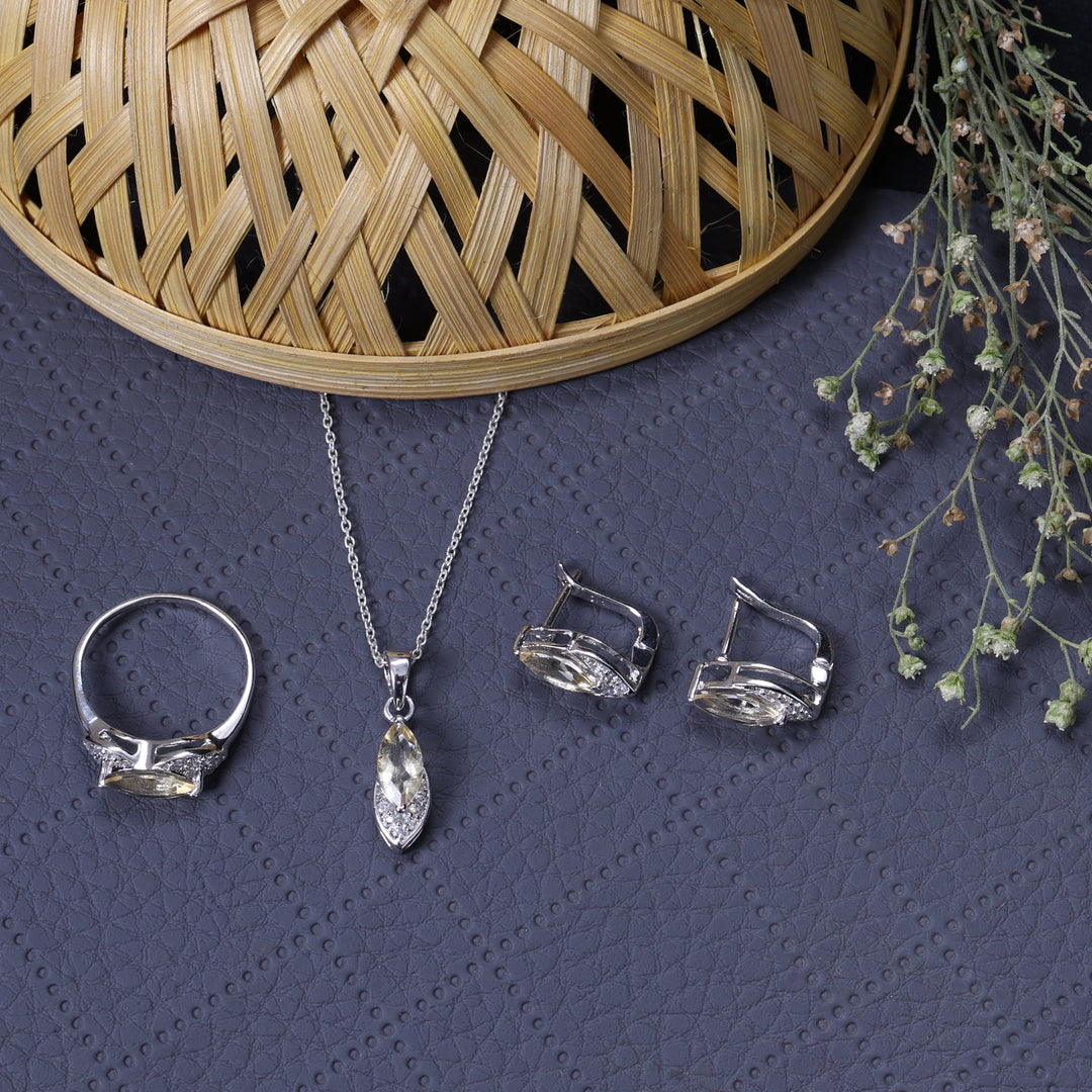 Silver Citrine Jewelry Set: Earrings, Necklace, Ring | Gift Set