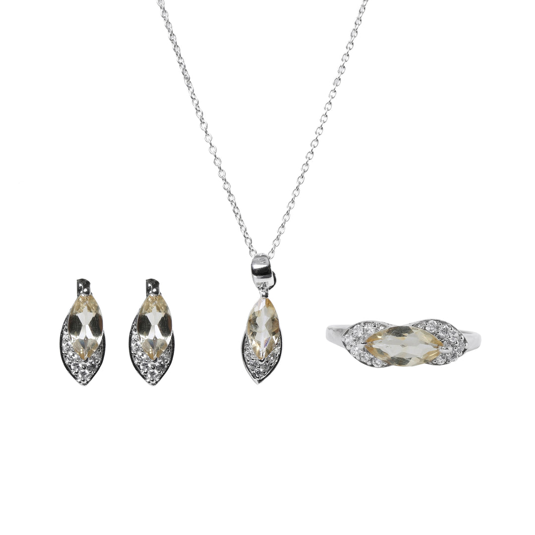 Silver Citrine Jewelry Set: Earrings, Necklace, Ring | Gift Set